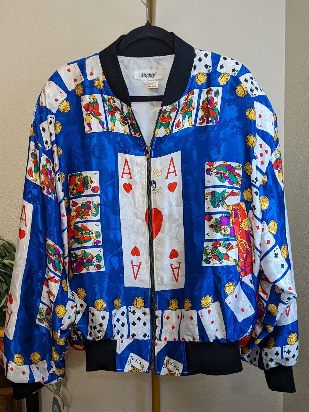 Vintage Mighty Satin Bomber Jacket XL Blue Casino Playing Cards Poker Moschino